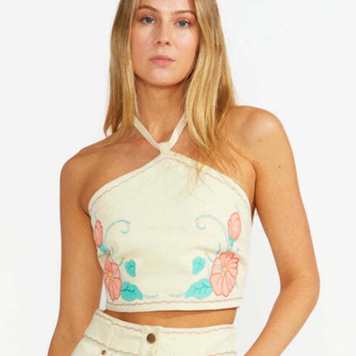 Alice Mccall Tanika Halter Top Size 8 Cotton Cream Floral Embroidered Crop Tank